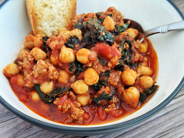 15 MINUTE SPANISH-STYLE CHORIZO + CHICKPEA CHILI WITH KALE