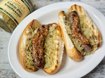 NEW! GRILLED BRATS WITH GARLIC + DILL KRAUT AND SUMMER GREEN SALAD