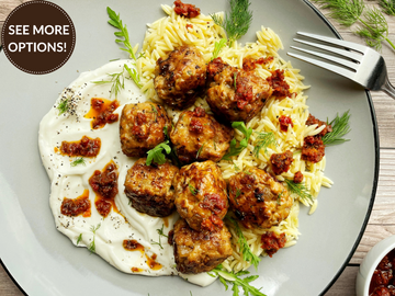 LEMON DILL MEATBALLS WITH ORZO + HERBED YOGURT