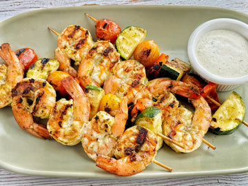 EASY GRILLED LEMON SHRIMP + VEGGIE KEBABS WITH LEMON AIOLI