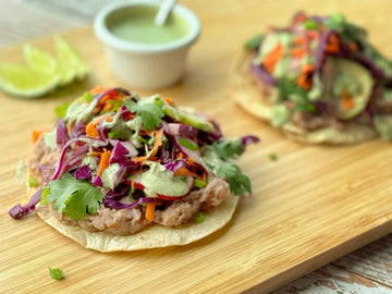 EASY VEGGIE TOSTADAS WITH AVOCADO SALSA + REFRIED BEANS
