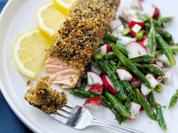 NEW SEASONAL FAVORITE! HERB-CRUSTED SALMON WITH ASPARAGUS + RADISH SALAD