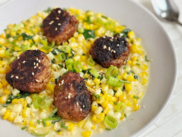 SEASONAL FAVORITE! MISO + GINGER MEATBALLS WITH MISO BUTTER CREAMED CORN