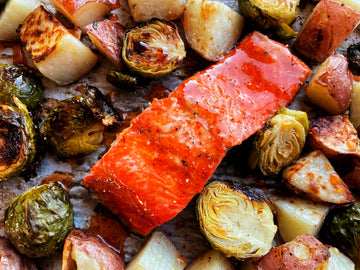 SHEET PAN SALMON WITH HOT HONEY + BRUSSELS SPROUTS
