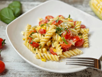 NEW EMPLOYEE FAVORITE! PASTA WITH CORN, CHERRY TOMATOES, + BASIL