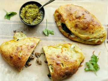 FAMILY FAVORITE! PESTO CALZONES WITH SAUSAGE AND VEGGIES