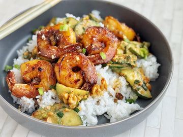 QUICK HONEY GARLIC SHRIMP WITH CUCUMBER + PEANUT SALAD