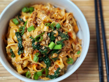 QUICK SPICY PEANUT NOODLES WITH PORK + SPINACH