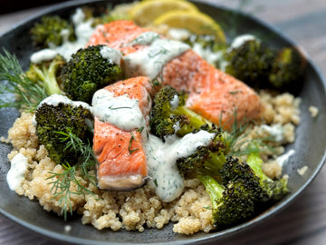 SALMON + QUINOA BOWLS WITH LEMON DILL YOGURT SAUCE