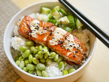FAMILY FAVORITE! TERIYAKI SALMON RICE BOWLS WITH CUCUMBER + EDAMAME