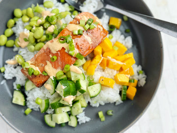 TERIYAKI SALMON RICE BOWLS WITH PEACHES + EDAMAME