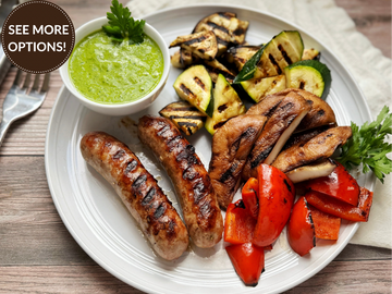 GRILLED SAUSAGE + SUMMER VEGGIES WITH GREEN HERB SAUCE