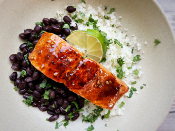 CHILE + HONEY GLAZED SALMON WITH CAULIFLOWER + BLACK BEAN SALAD