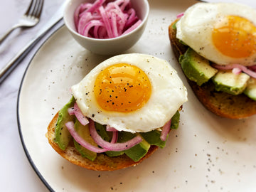 AVOCADO TOAST WITH PICKLED RED ONIONS + EGGS
