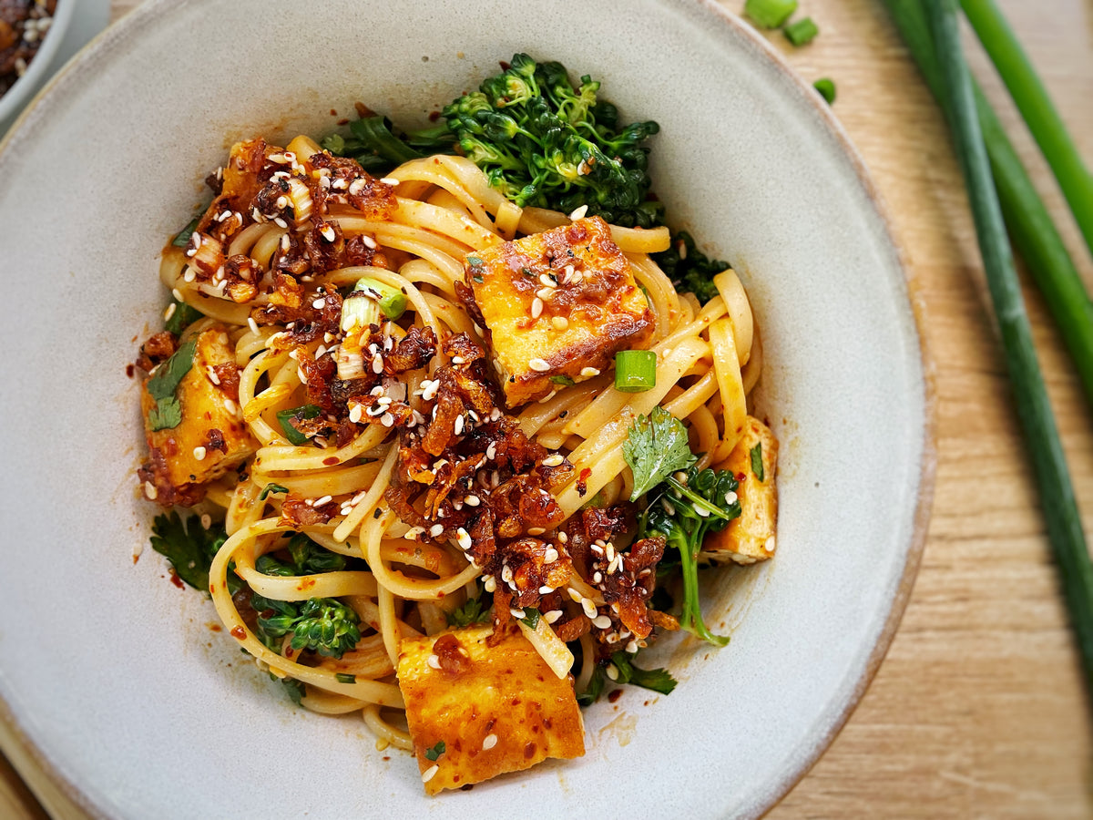 CHILI CRISP NOODLES WITH BROCCOLINI + TOFU ACME Farms + Kitchen
