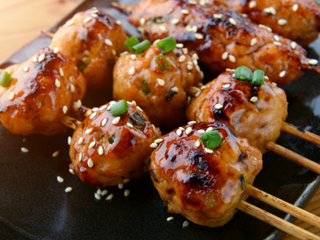 TSUKUNE (YAKITORI PORK MEATBALLS) WITH CUCUMBER SUNOMONO SALAD